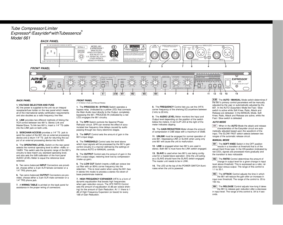 Aphex Systems 661 specifications Back Panel, Front Panel, Auto Mode, Manual Mode 