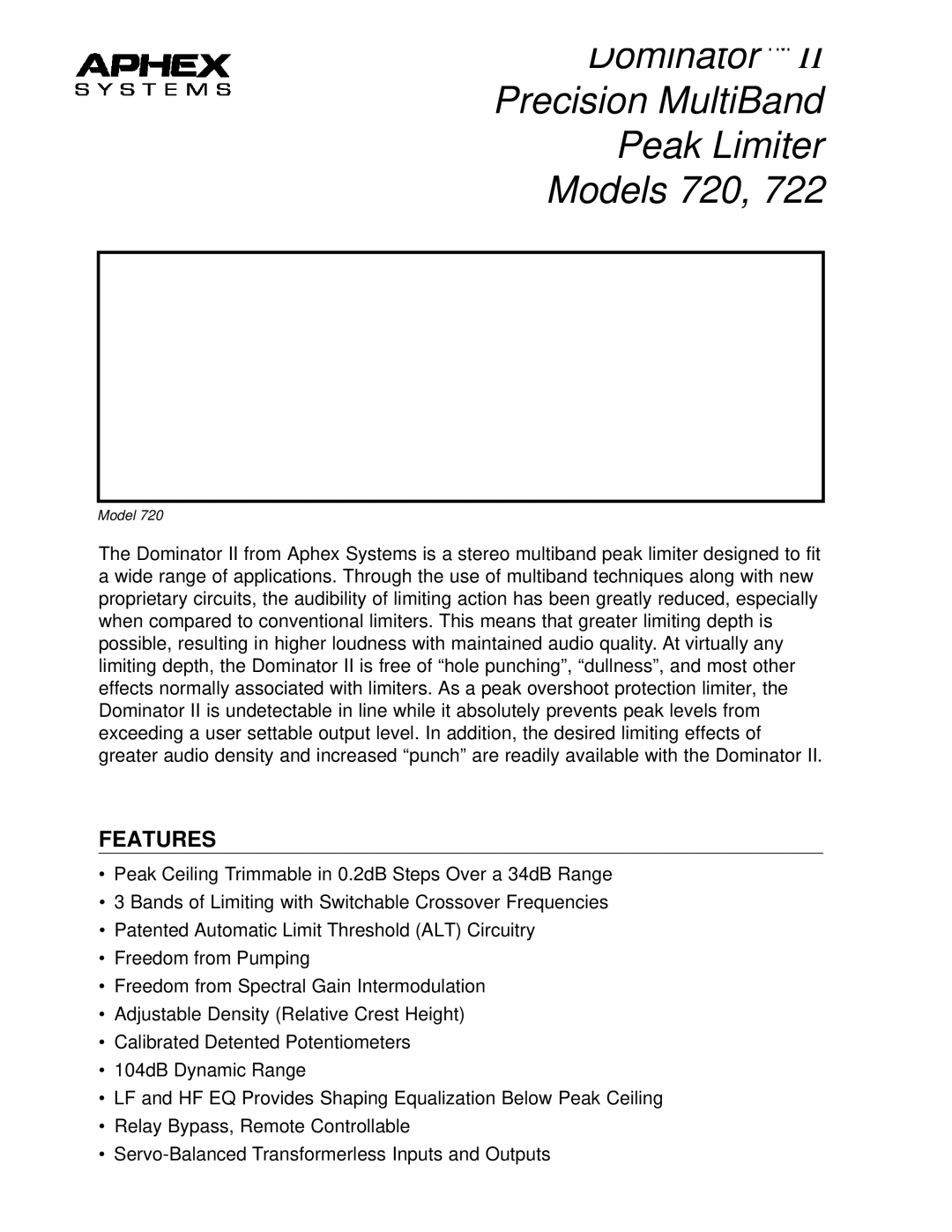 Aphex Systems 722 manual Dominator Precision MultiBand Peak Limiter Models 720, Features 