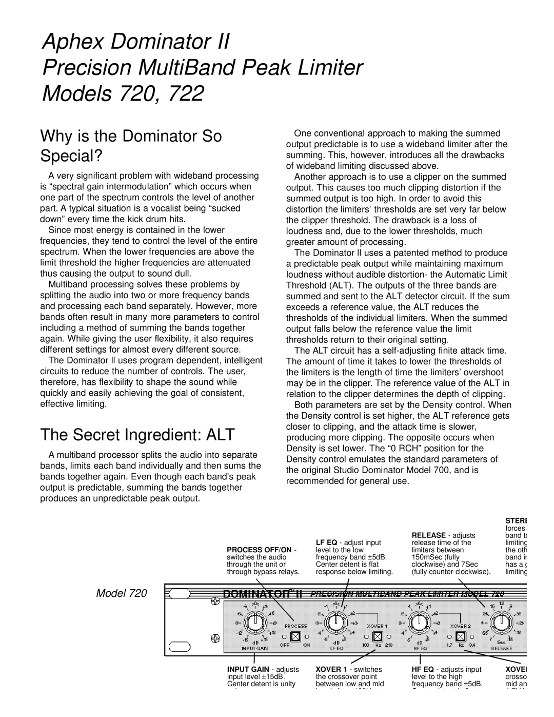 Aphex Systems 722 manual Aphex Dominator Precision MultiBand Peak Limiter Models 720, Why is the Dominator So Special? 