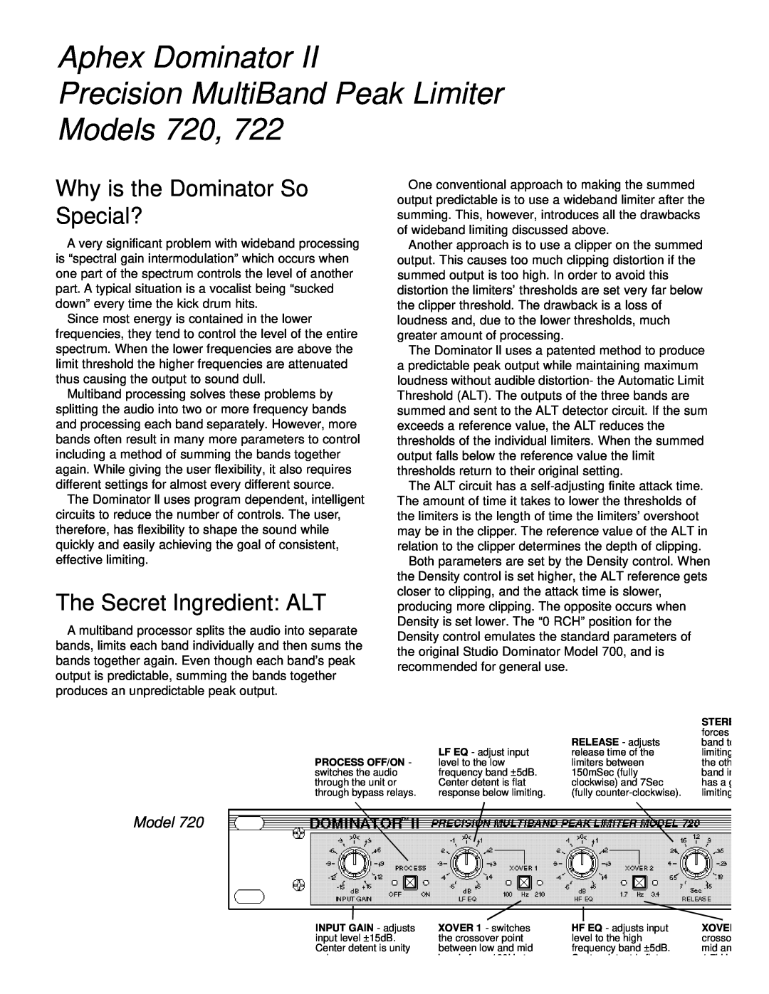 Aphex Systems 722, 720 manual Aphex Dominator Precision MultiBand Peak Limiter, Why is the Dominator So Special?, Models 