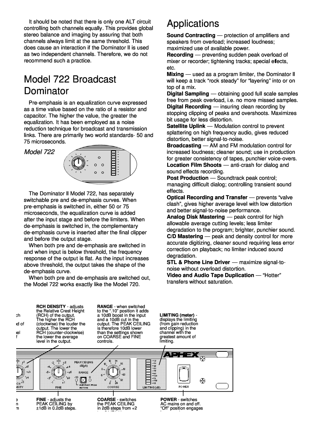 Aphex Systems 720 manual Model 722 Broadcast Dominator, Applications, STL & Phone Line Driver - maximize signal-to 