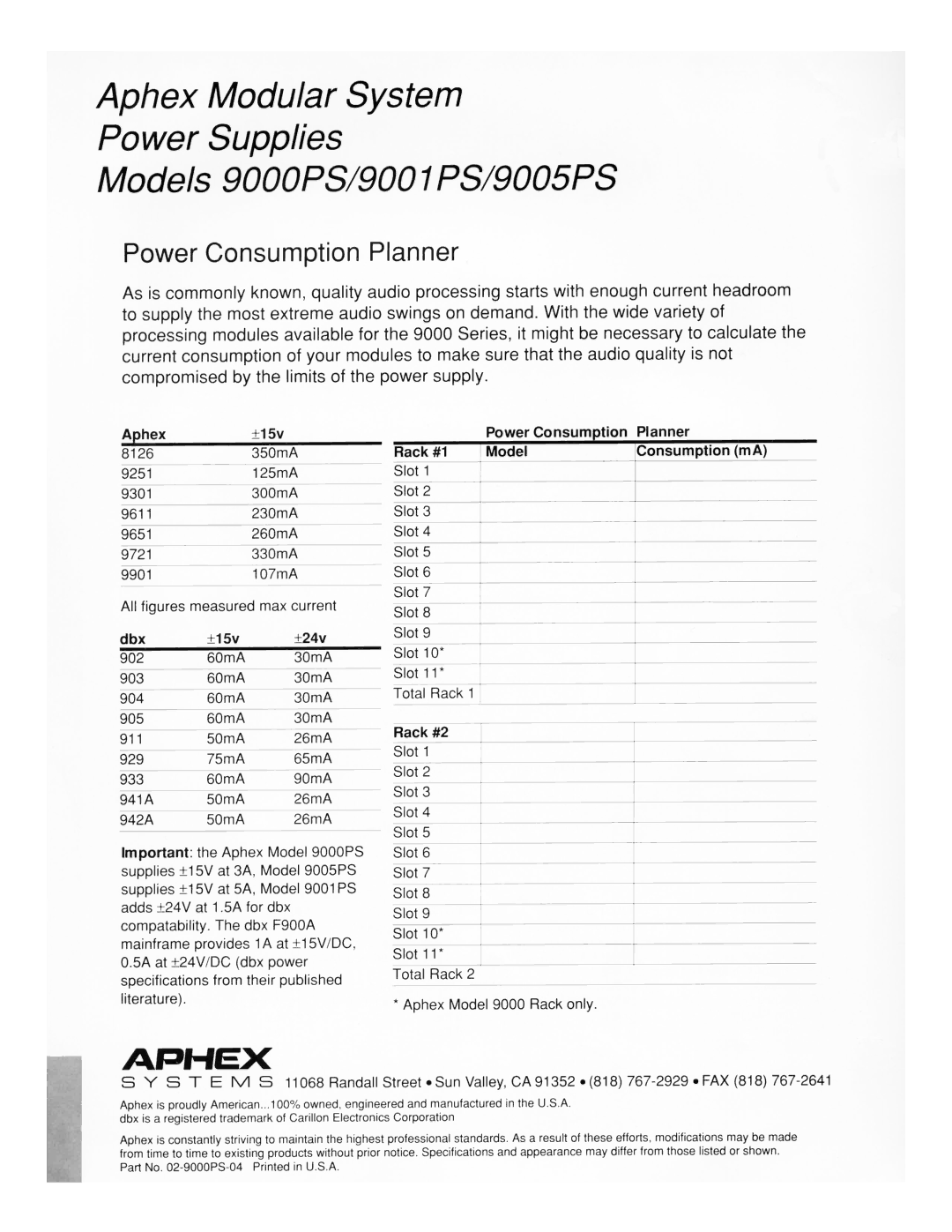 Aphex Systems 9005PS, 9001PS, 9000PS manual 