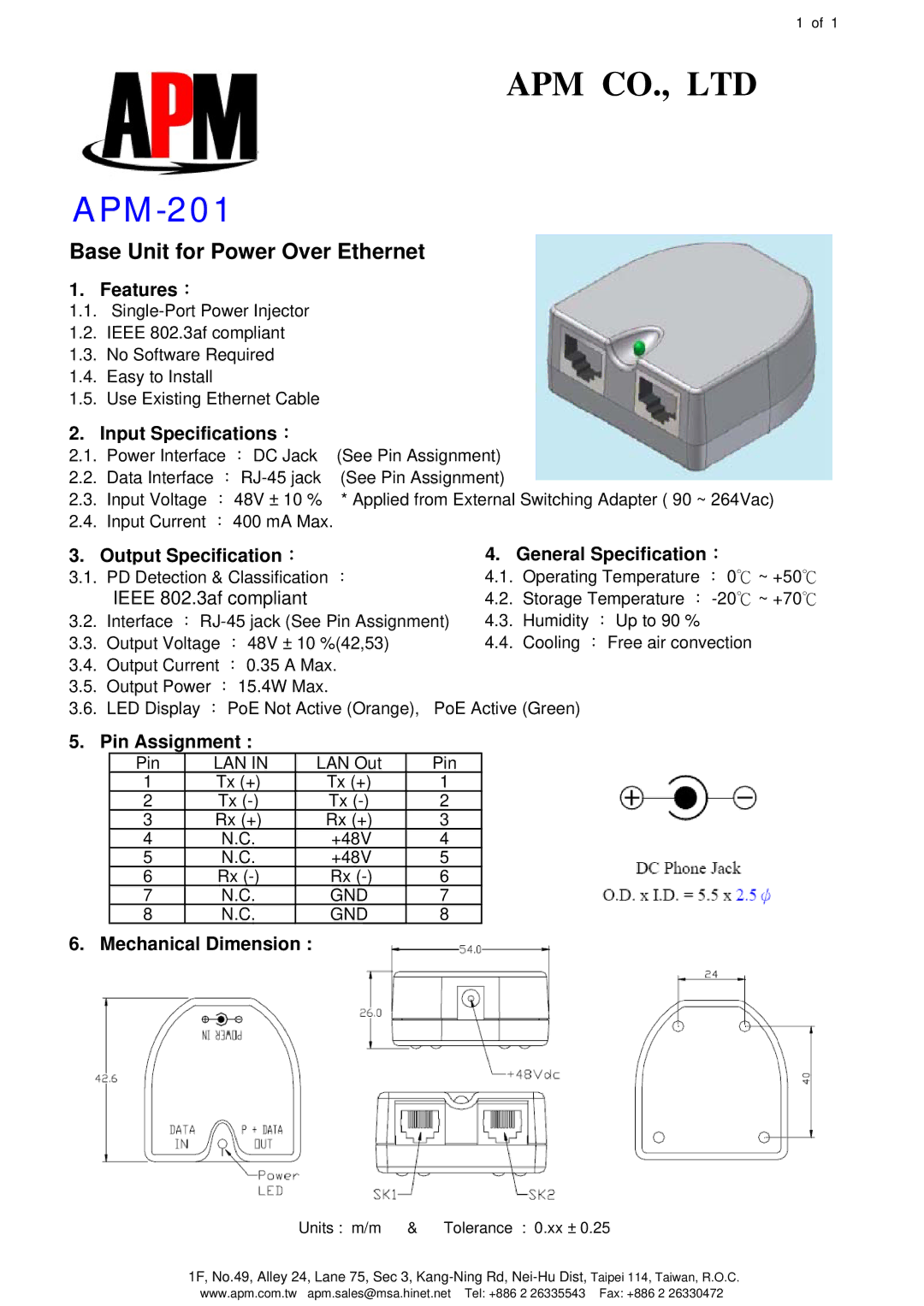 APM specifications APM-201, Base Unit for Power Over Ethernet 