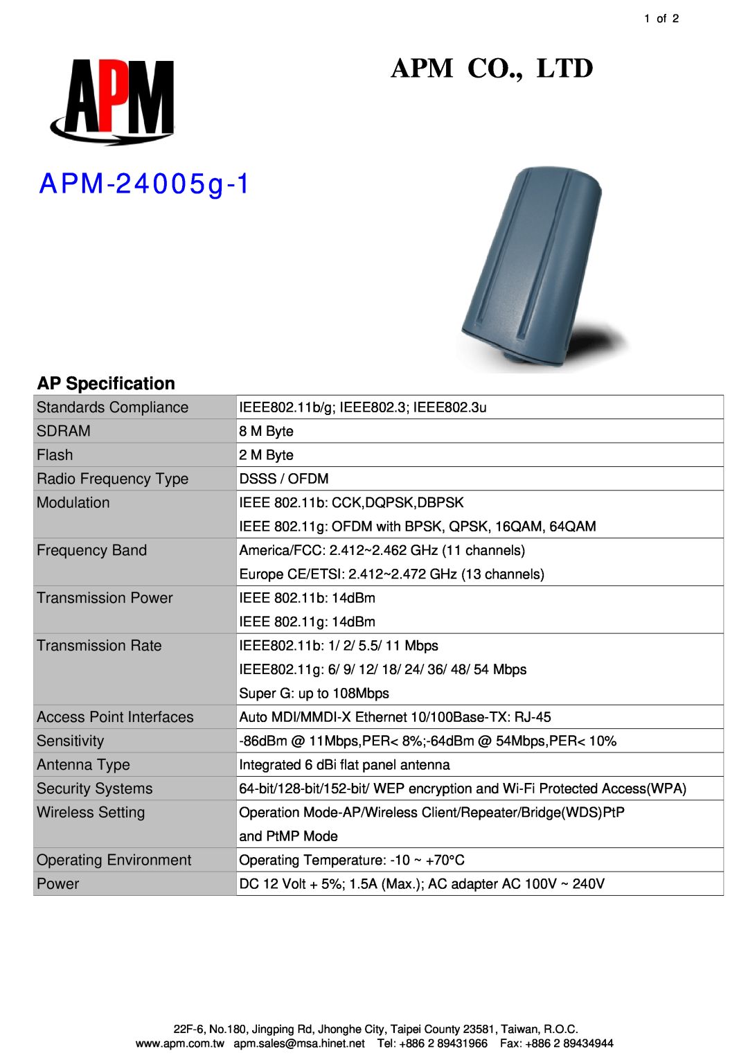 APM 24005G-1 manual AP Specification, APM-24005g-1 