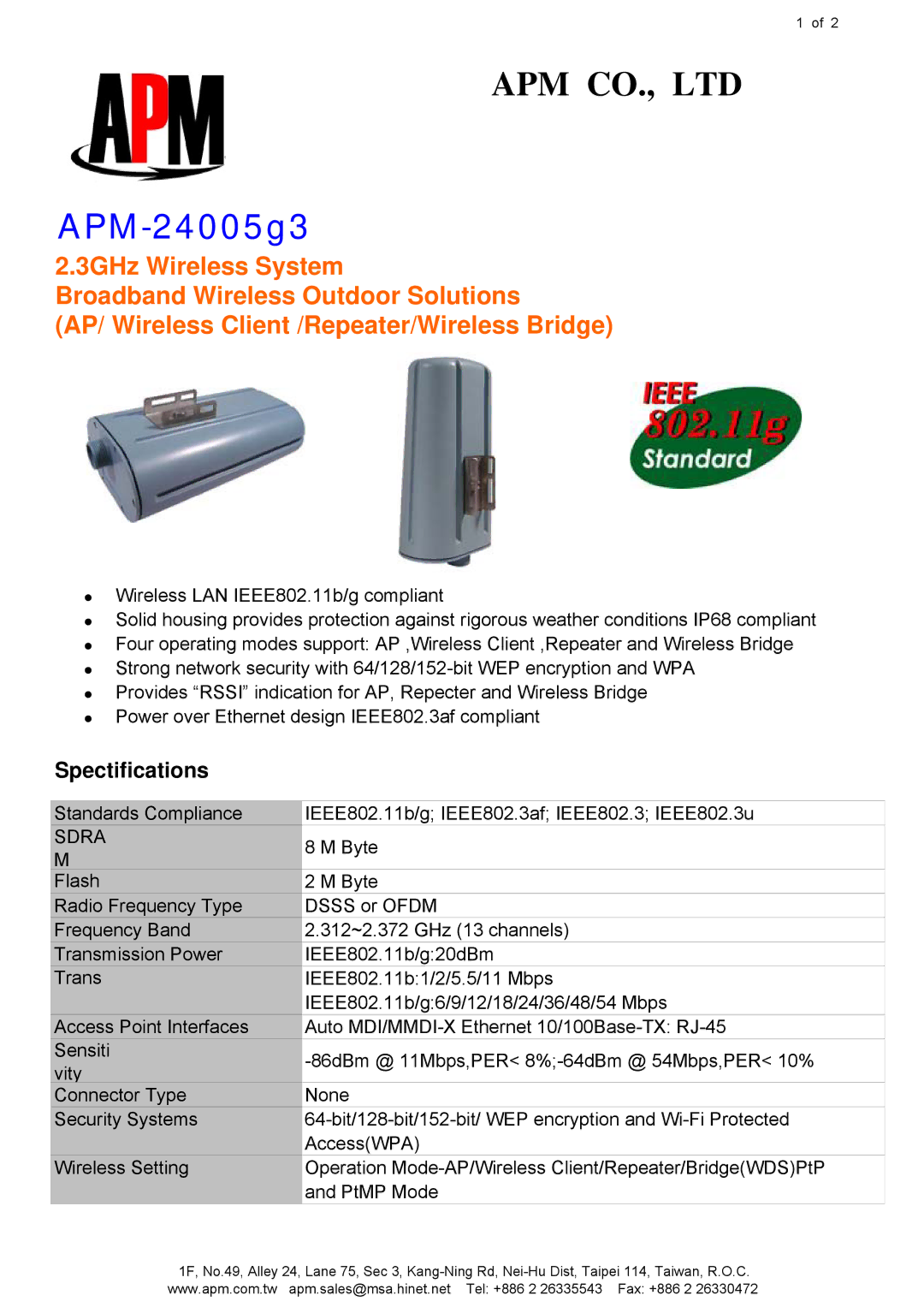 APM 24005G3 manual APM-24005g3, Spectifications, Sdra 