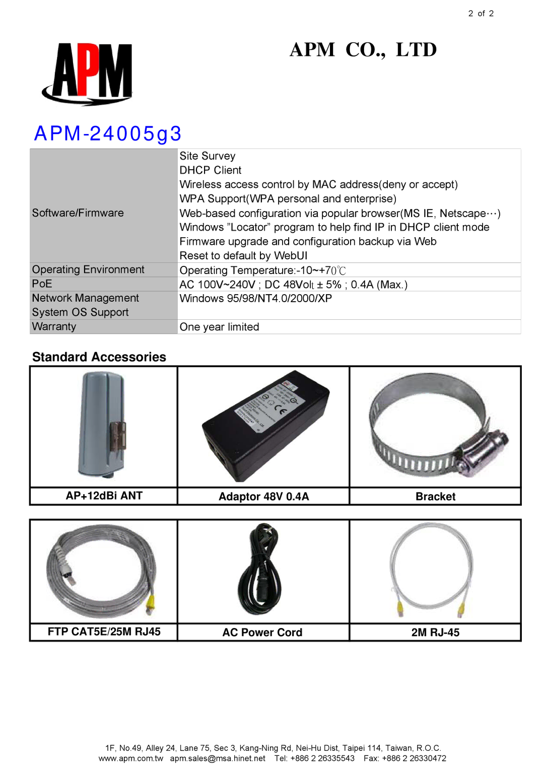 APM 24005G3 manual Standard Accessories 