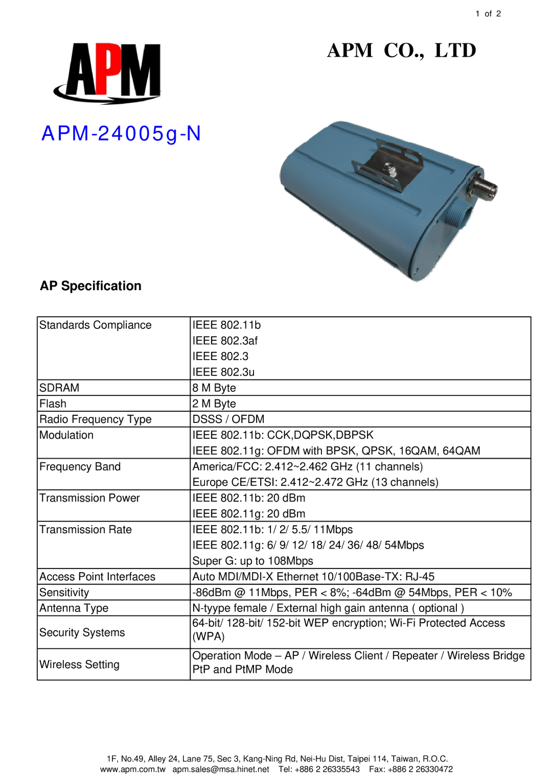 APM 2400G-N specifications APM-24005g-N, AP Specification, Sdram, Dsss / Ofdm, Wpa 