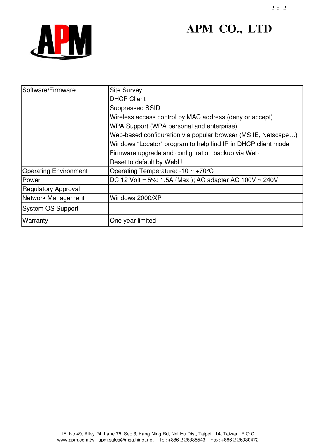 APM 2400G-N specifications 