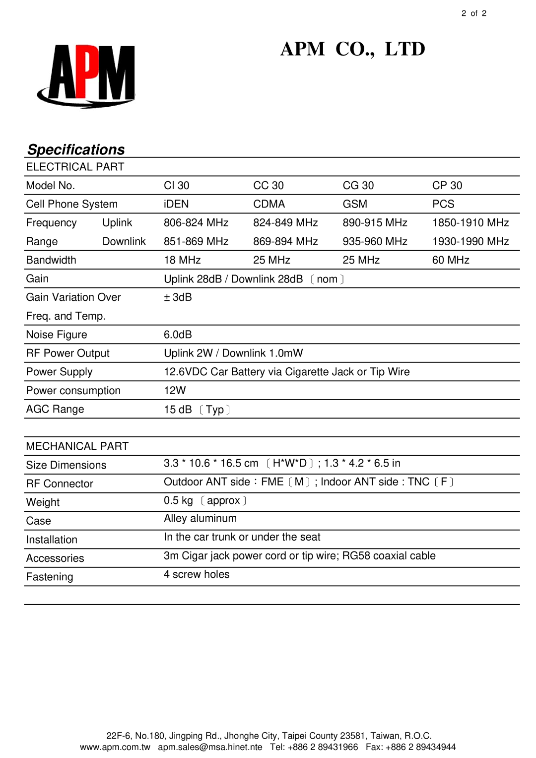 APM 30 series manual Specifications, Electrical Part, Cdma GSM PCS, Mechanical Part 