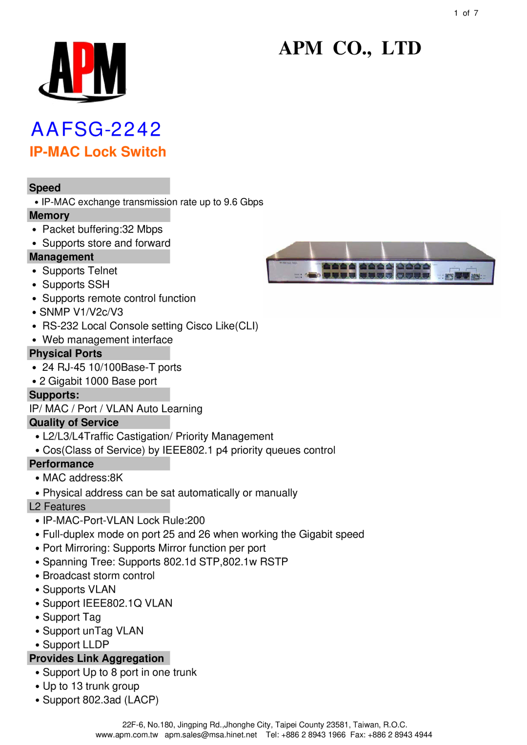 APM AAFSG-2242 manual Speed, Memory, Management, Physical Ports, Supports, Quality of Service, Provides Link Aggregation 