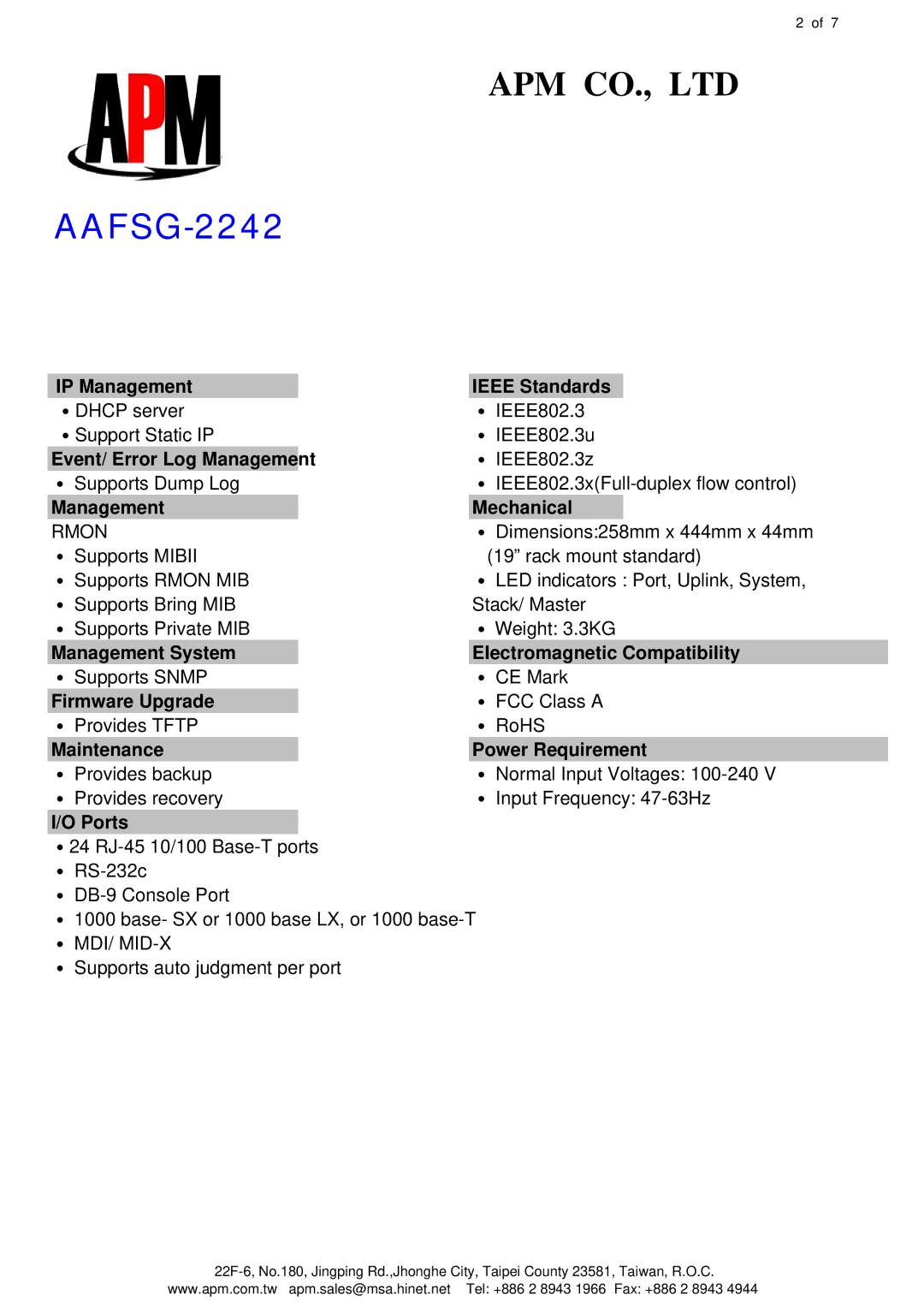 APM AAFSG-2242 manual IP Management, Event/ Error Log Management, Management System, Firmware Upgrade, Maintenance, Ports 