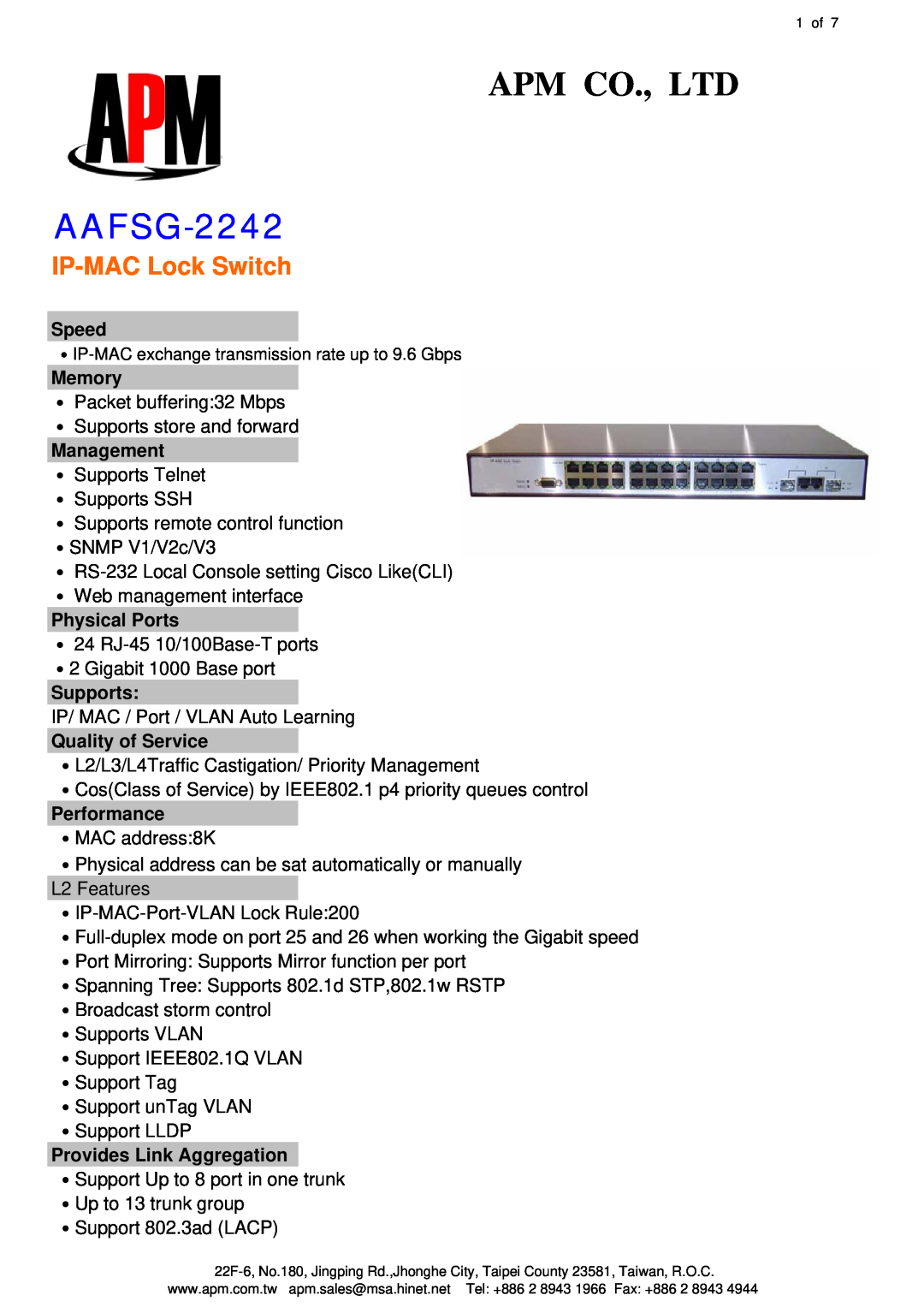 APM AAFSG-2242 manual IP-MAC Lock Switch 