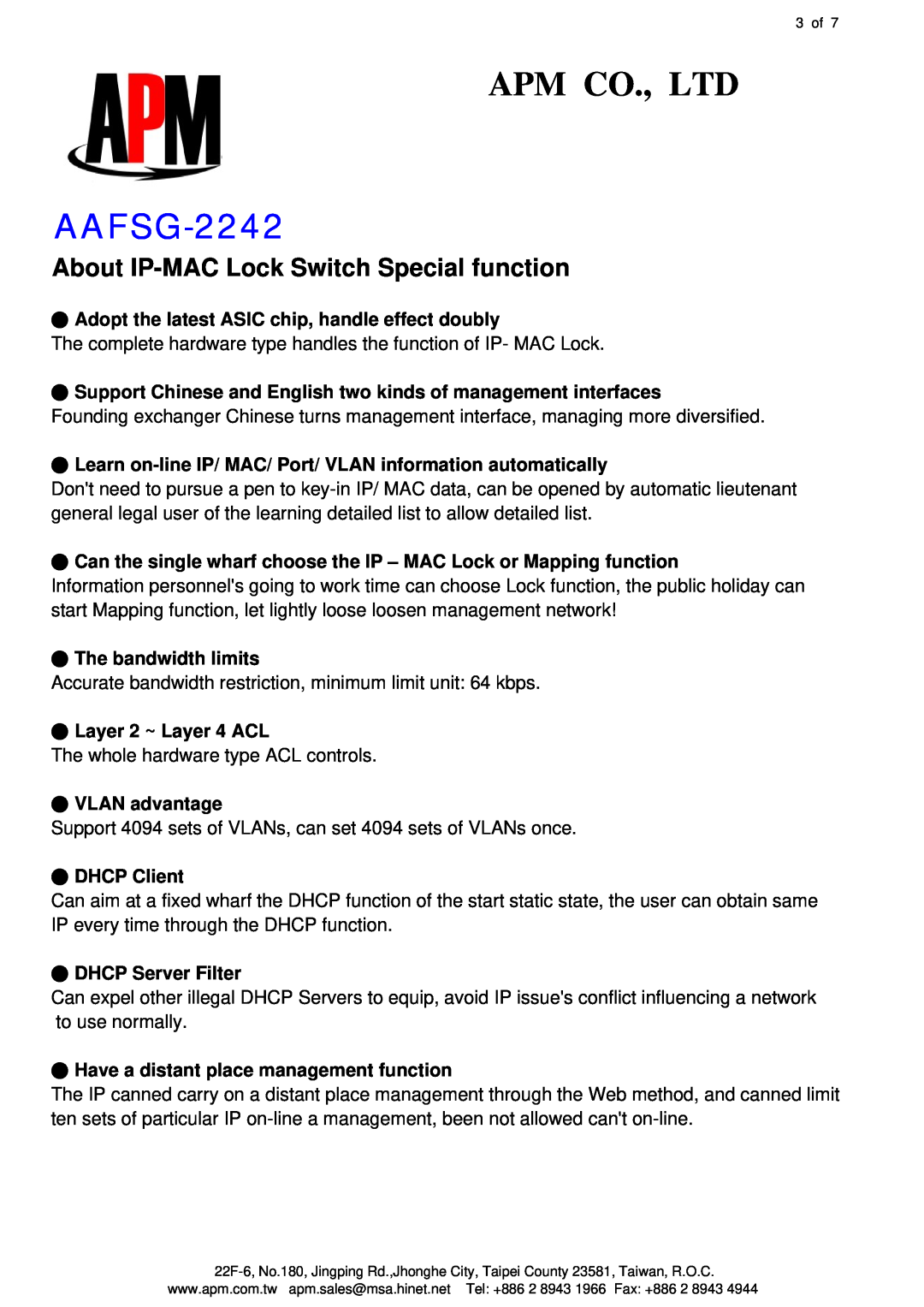 APM AAFSG-2242 manual About IP-MAC Lock Switch Special function 
