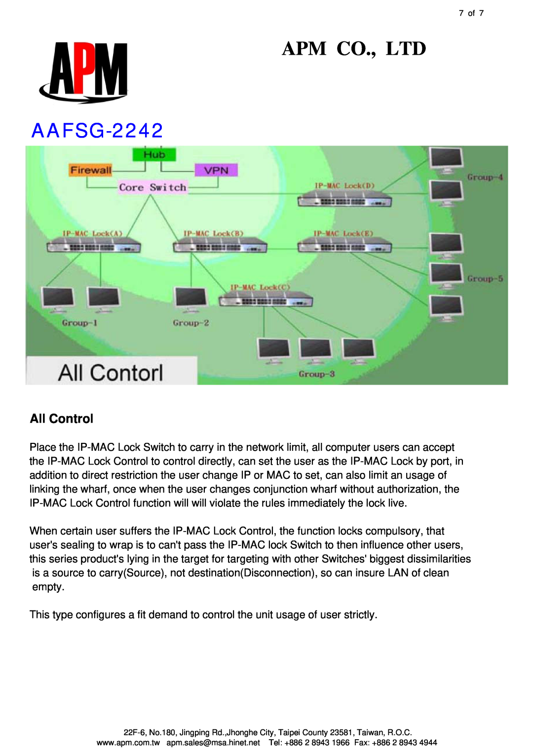 APM AAFSG-2242 manual All Control, 7 of 