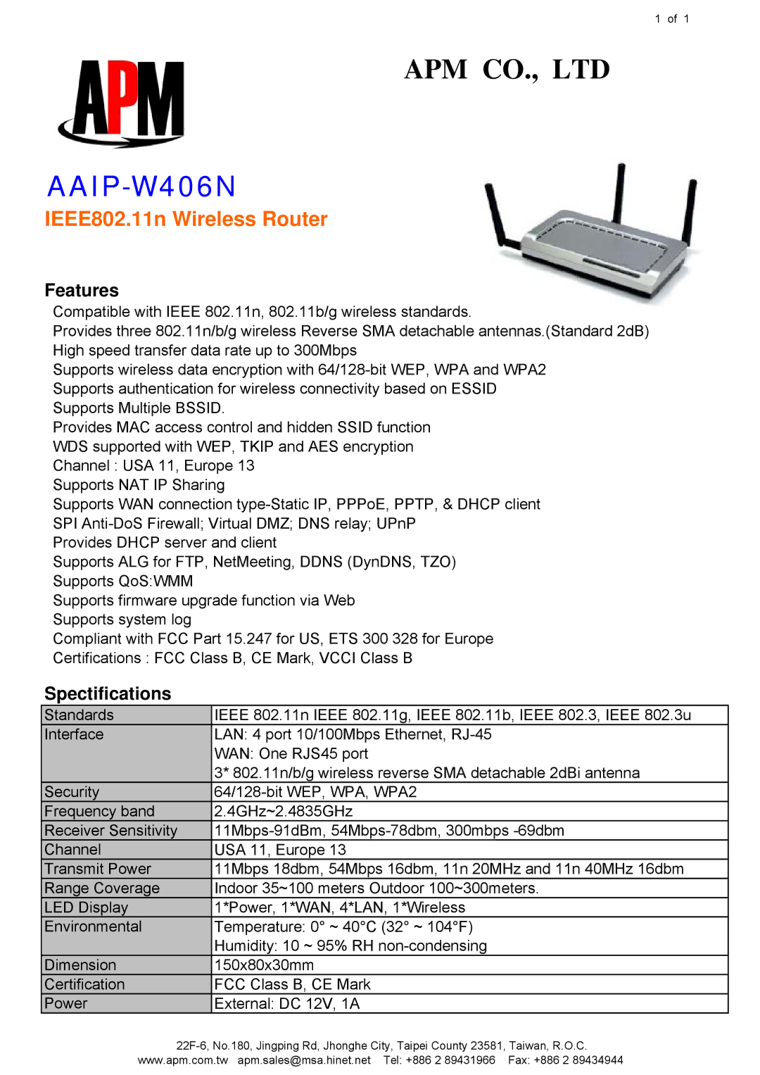 APM AAIP-W406N manual IEEE802.11n Wireless Router, Features, Spectifications 