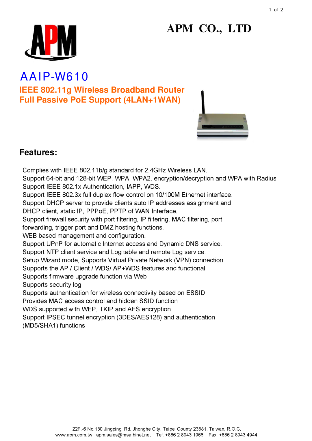 APM AAIP-W610 manual Features 