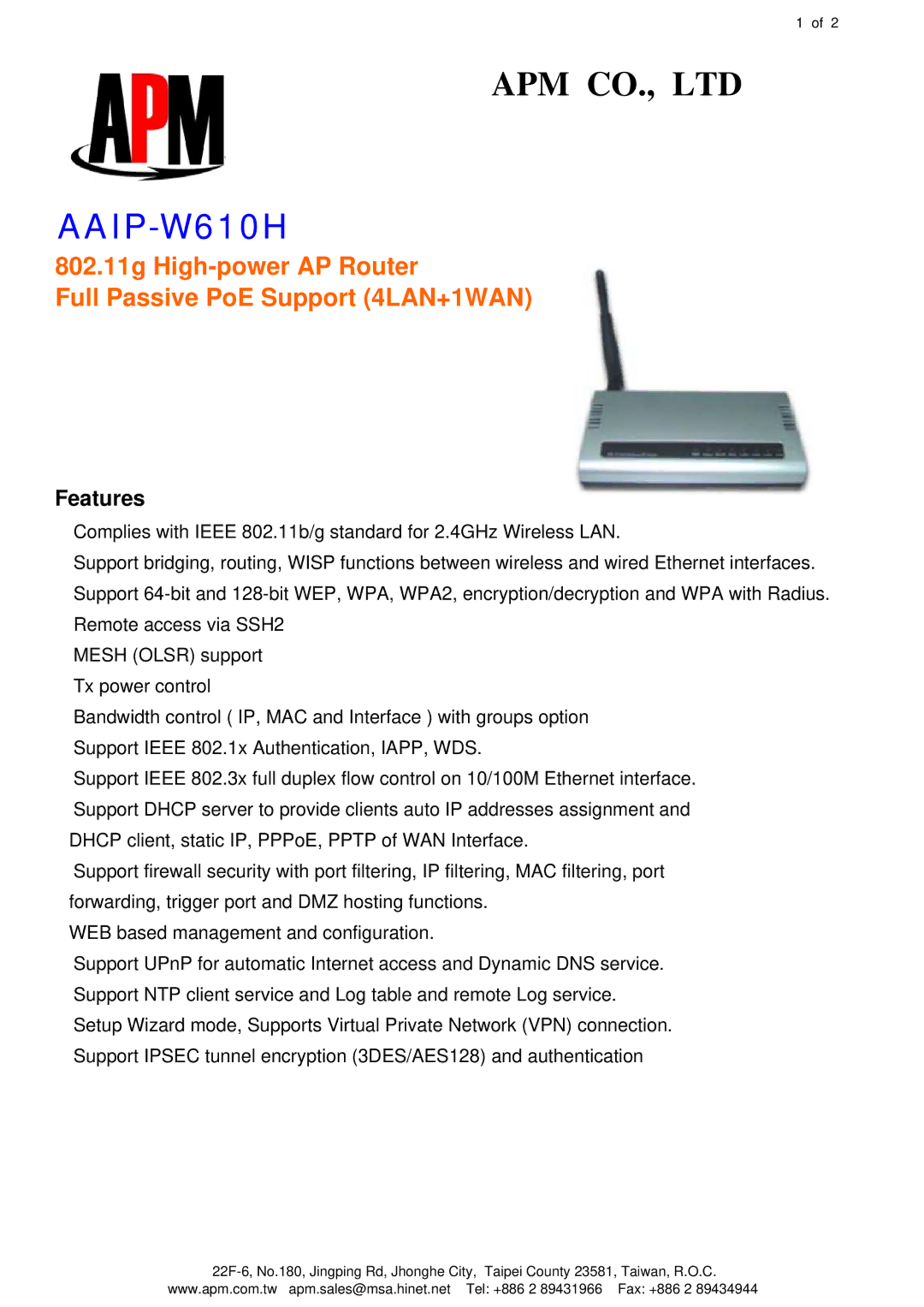 APM AAIP-W610H manual Features 