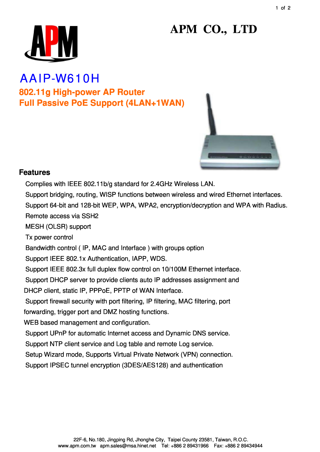APM AAIP-W610H manual Features, 802.11g High-power AP Router Full Passive PoE Support 4LAN+1WAN 