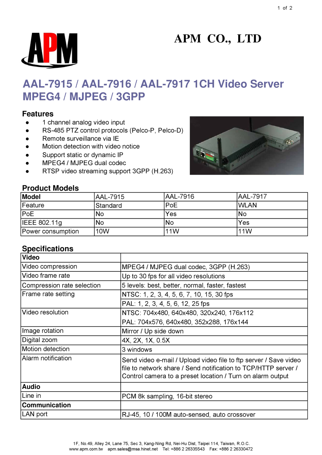 APM AAL-7916, AAL-7917, AAL-7915 specifications Features, Product Models, Specifications 