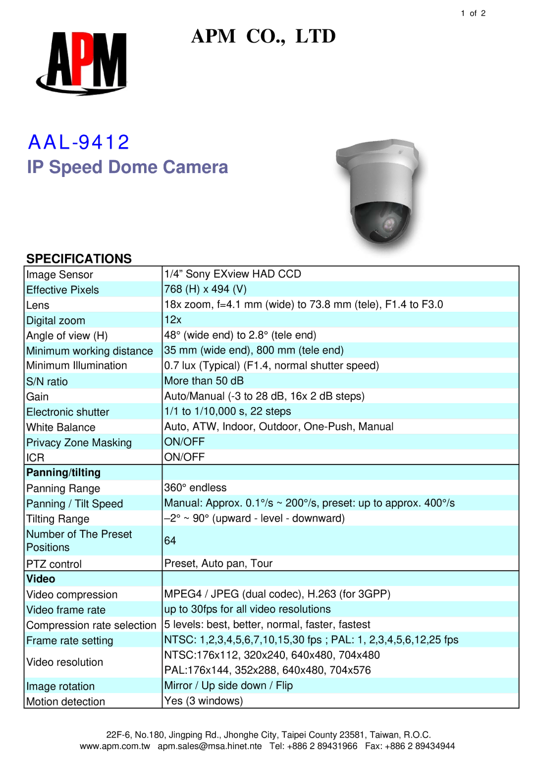 APM AAL-9412 specifications Panning/tilting, Video 