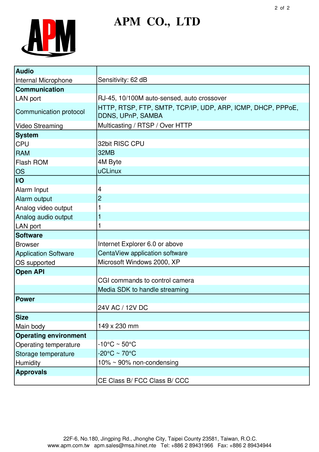 APM AAL-9412 specifications Audio, Communication, System, Software, Open API, Power, Size, Operating environment, Approvals 