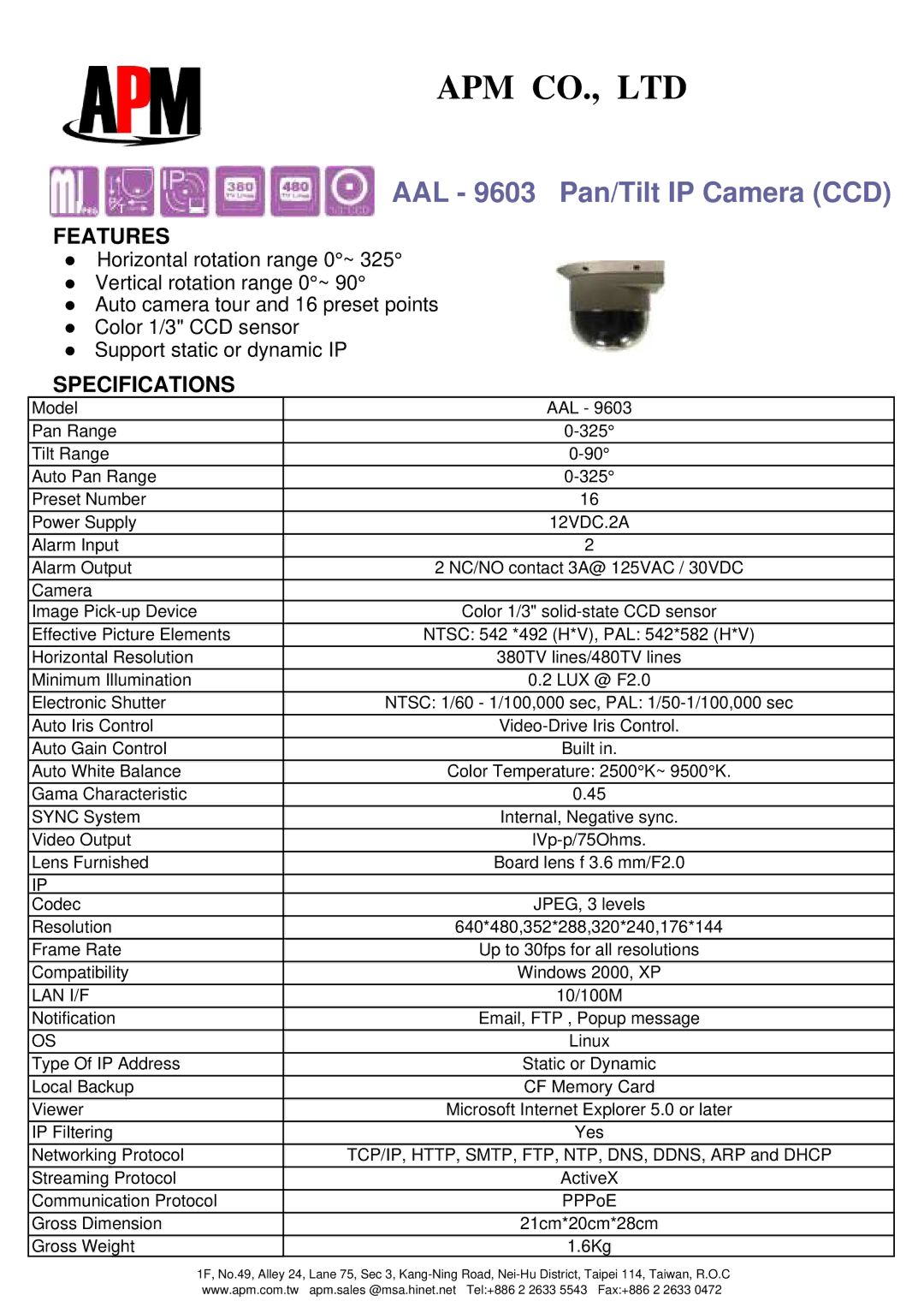 APM AAL-9603 specifications AAL 9603 Pan/Tilt IP Camera CCD, Features, Specifications, Lan I/F 