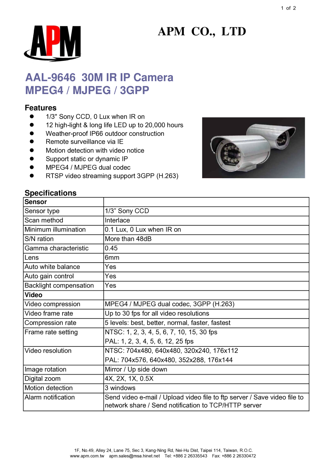 APM AAL-9646 specifications MPEG4 / Mjpeg / 3GPP, Features, Specifications, Sensor, Video 