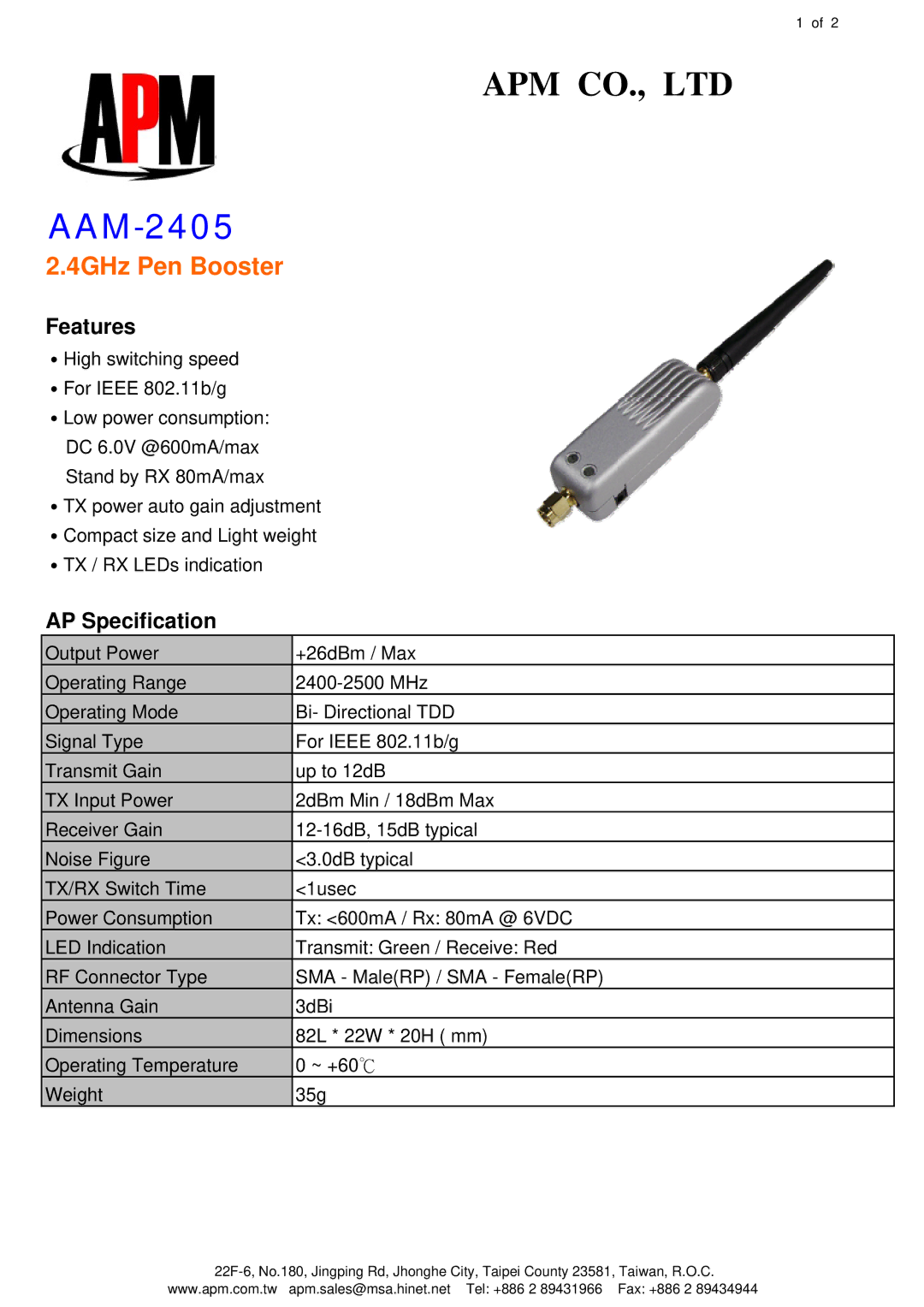 APM AAM-2405 dimensions 4GHz Pen Booster, Features, AP Specification 