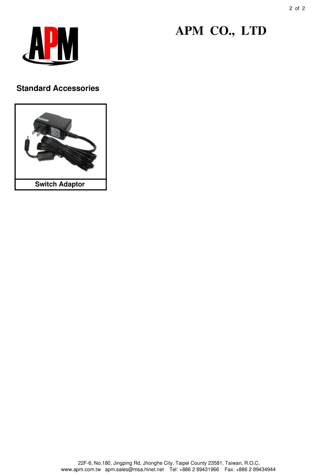 APM AAM-2405 dimensions Standard Accessories 