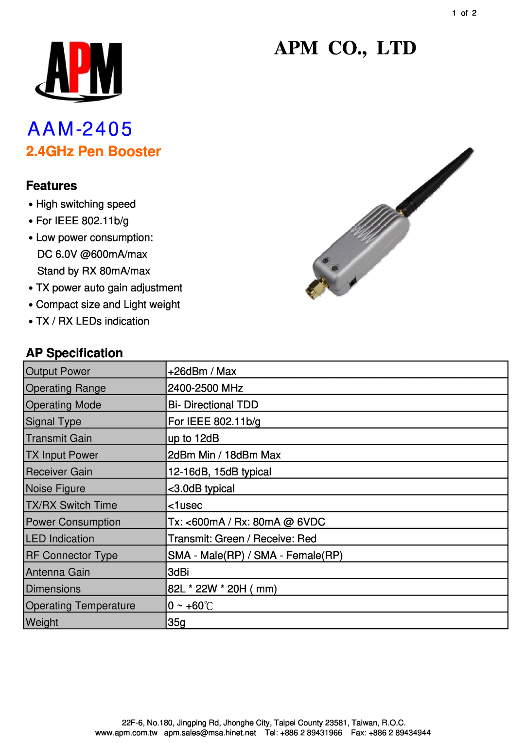 APM AAM-2405 dimensions Features, AP Specification, 2.4GHz Pen Booster 
