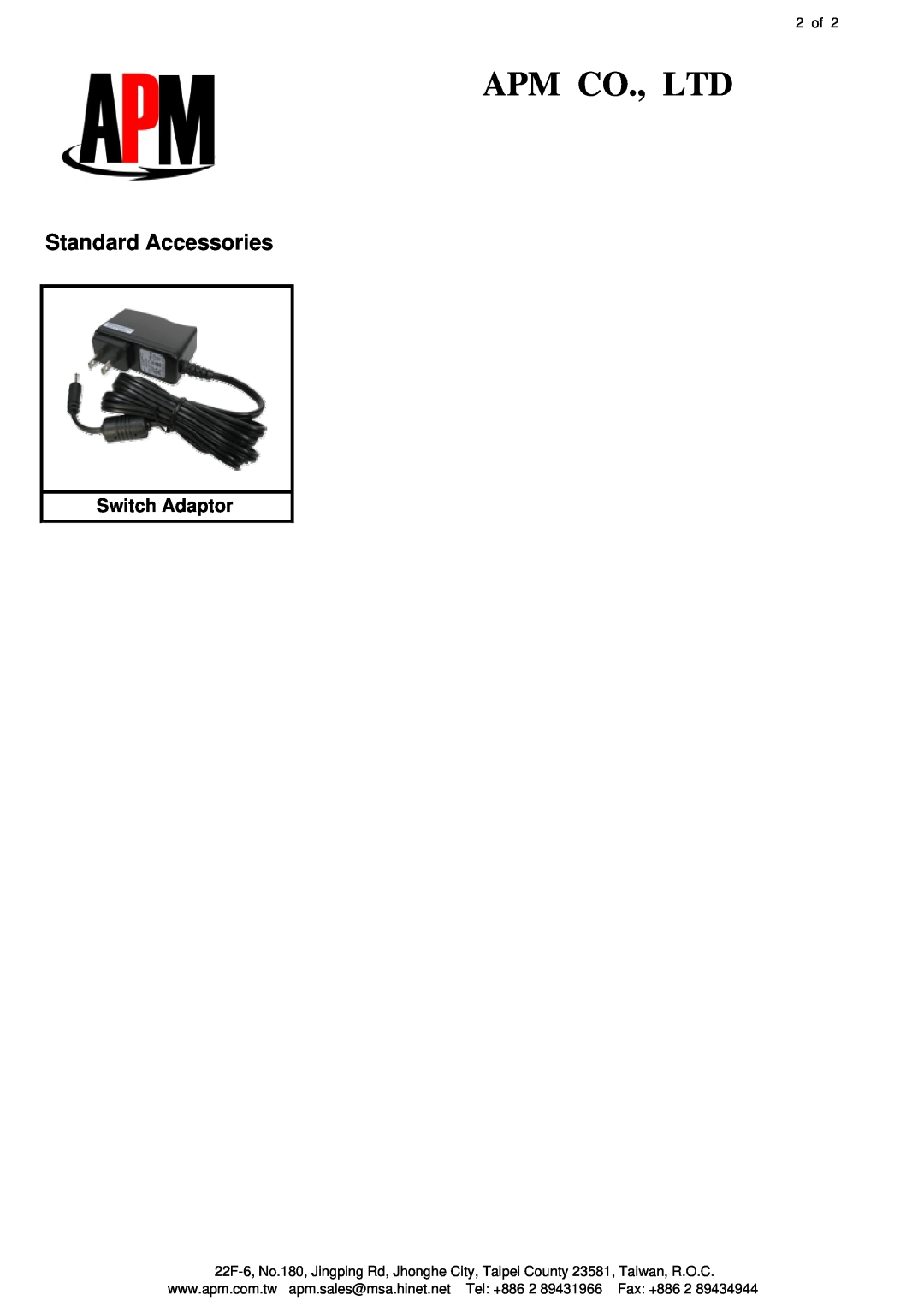 APM AAM-2405 dimensions Standard Accessories, Switch Adaptor, 2 of 