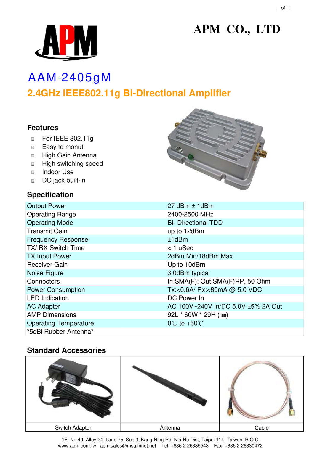 APM AAM-2405gM dimensions 4GHz IEEE802.11g Bi-Directional Amplifier, Features, Specification, Standard Accessories 