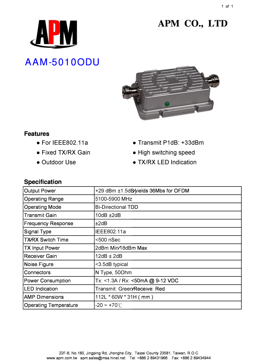 APM AAM-5010ODU dimensions Features, For IEEE802.11a, Fixed TX/RX Gain, High switching speed, Outdoor Use, Specification 
