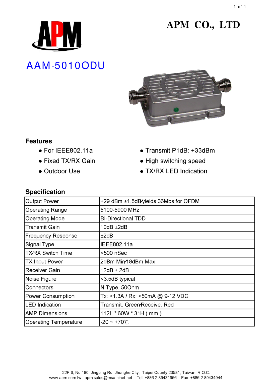 APM AAM-5010ODU dimensions Features, Specification 