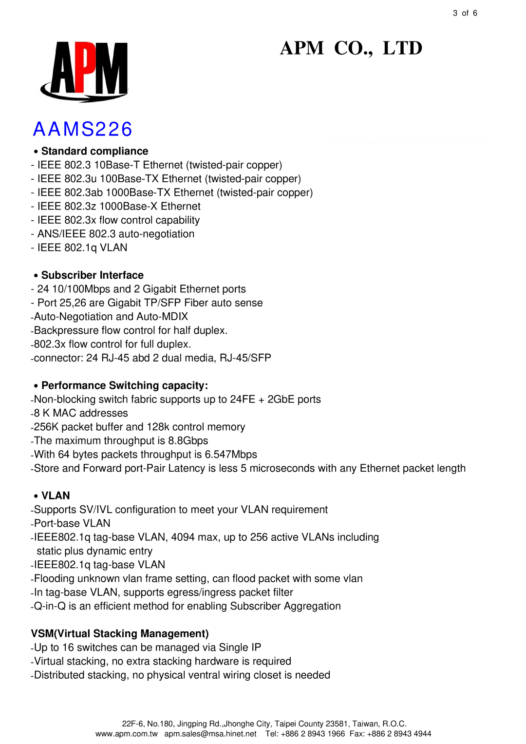 APM AAMS226 specifications ․Standard compliance, ․Subscriber Interface, ․Performance Switching capacity, ․Vlan 