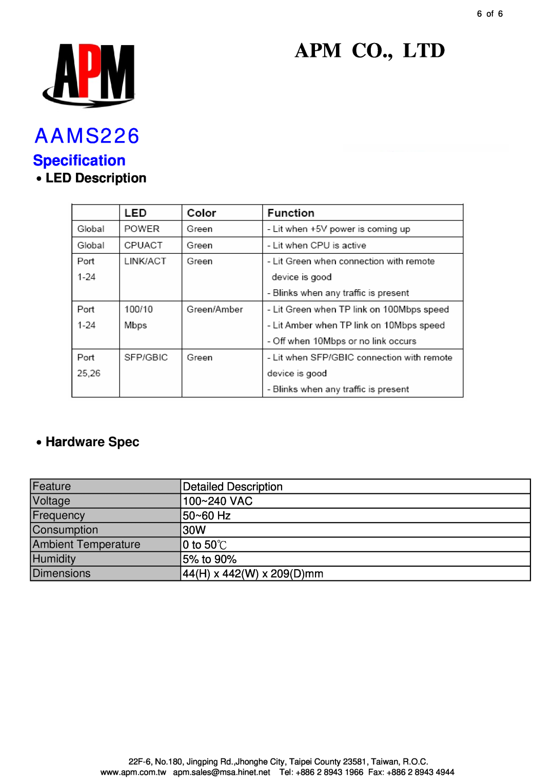APM AAMS226 specifications Specification, ․LED Description ․Hardware Spec 