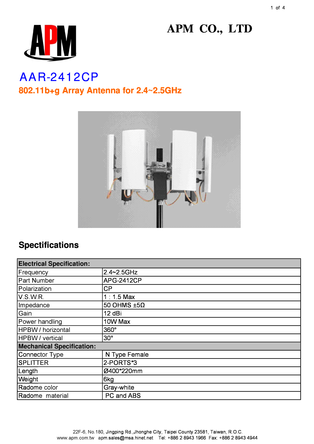 APM AAR-2412CP manual 802.11b+g Array Antenna for 2.4~2.5GHz, Spectifications, Electrical Specification 