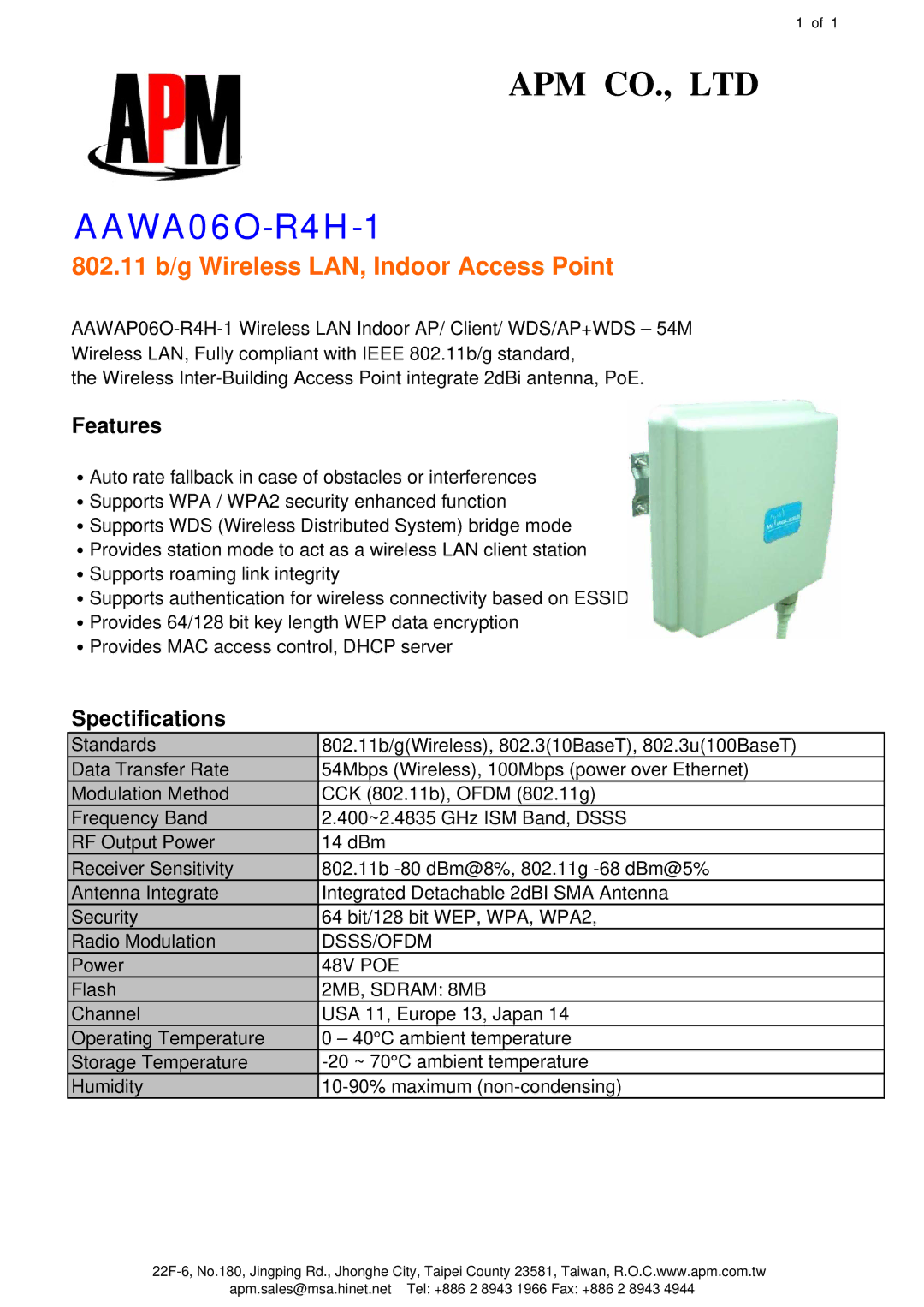 APM AAWA06O-R4H-1 manual 802.11 b/g Wireless LAN, Indoor Access Point, Features, Spectifications 