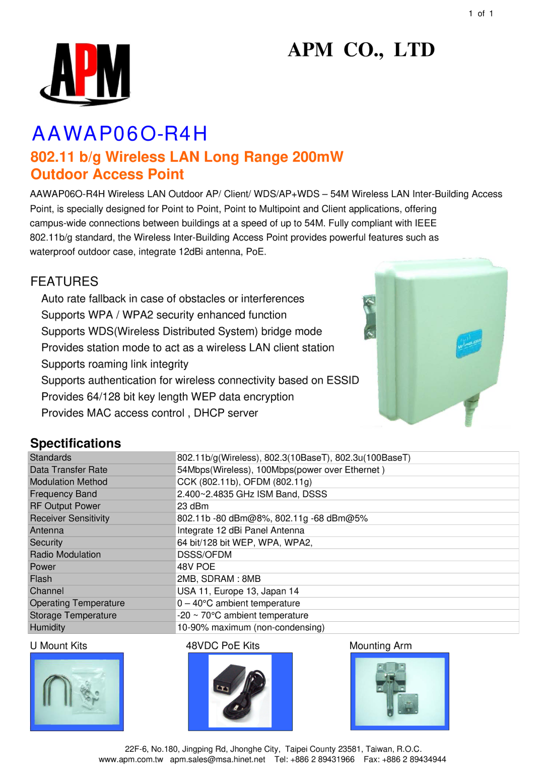 APM AAWAP06O-R4H manual Features, Spectifications 