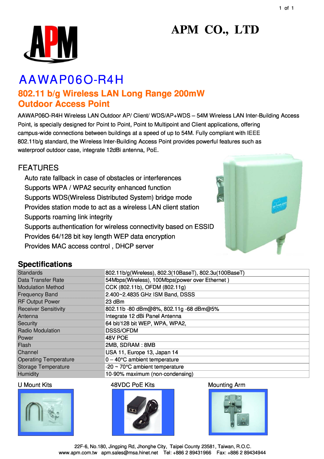 APM AAWAP06O-R4H manual 802.11 b/g Wireless LAN Long Range 200mW Outdoor Access Point, Features, Spectifications 