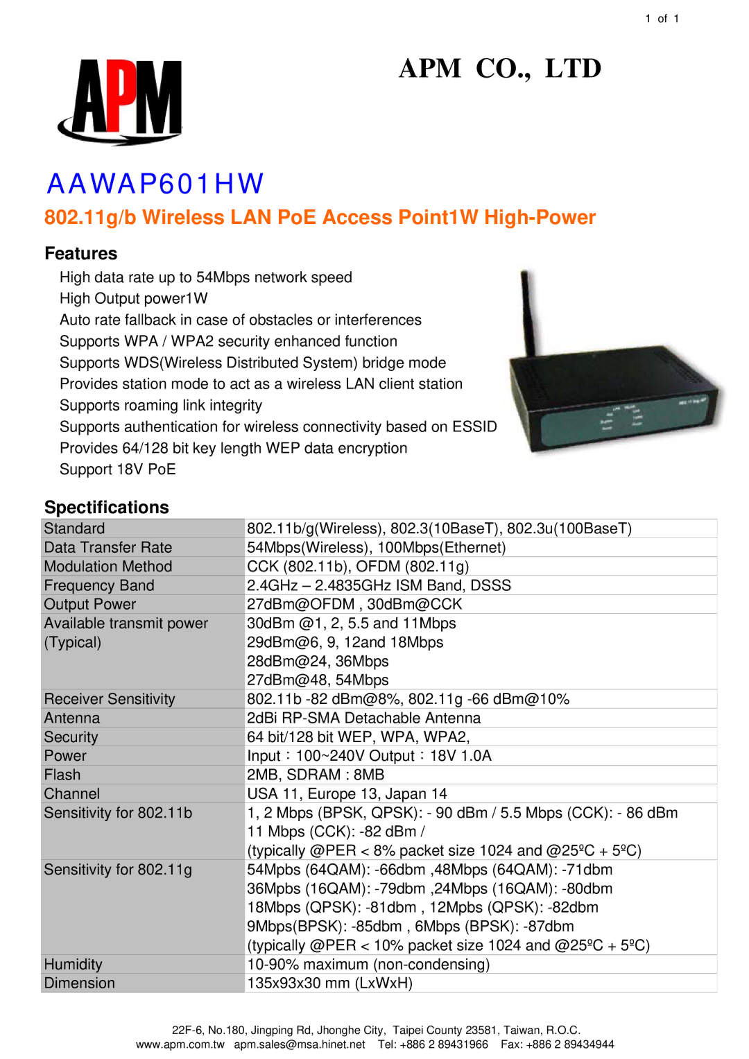 APM AAWAP601HW manual 802.11g/b Wireless LAN PoE Access Point1W High-Power, Features, Spectifications, 2MB, Sdram 8MB 