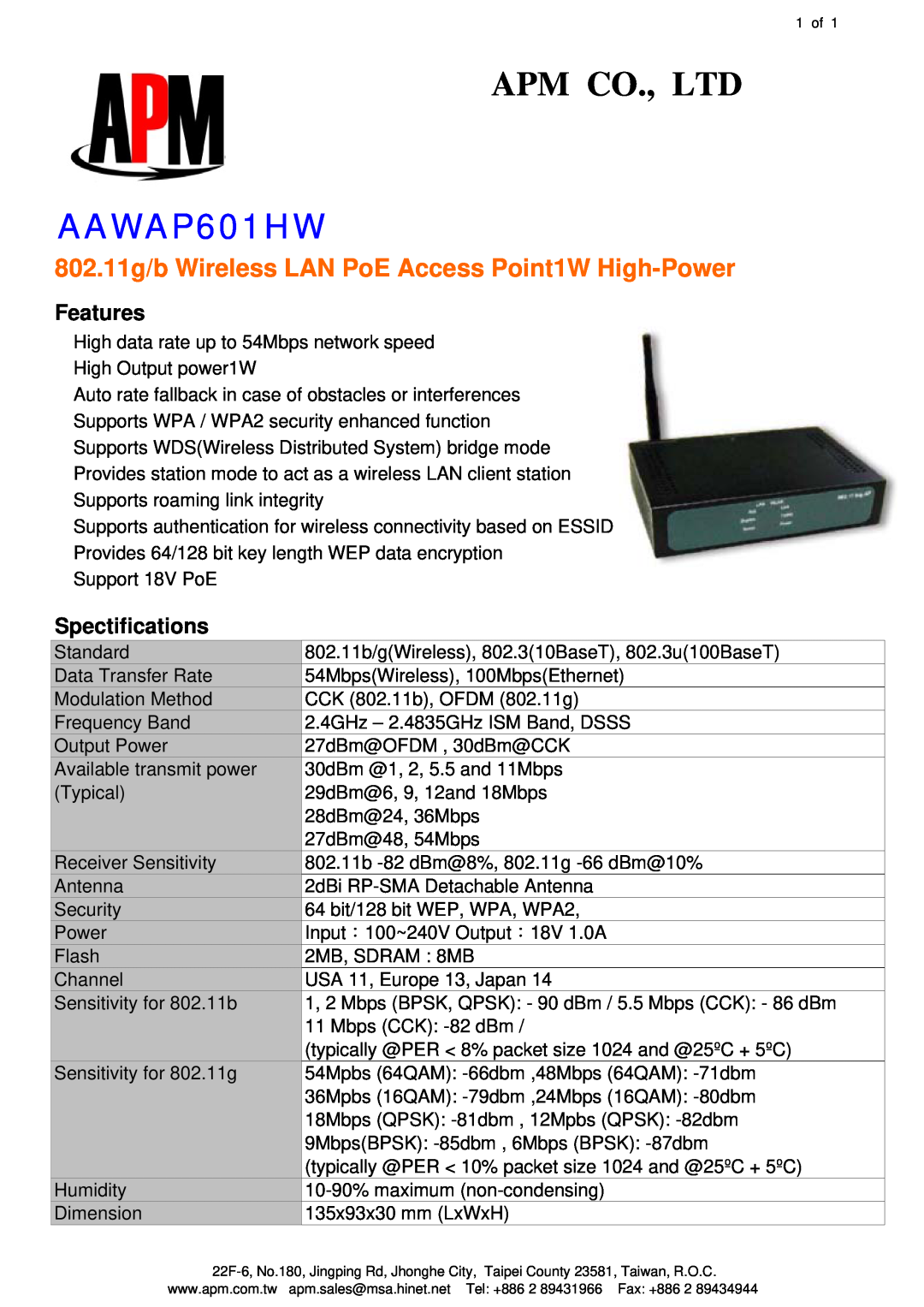 APM AAWAP601HW manual 802.11g/b Wireless LAN PoE Access Point1W High-Power, Features, Spectifications 