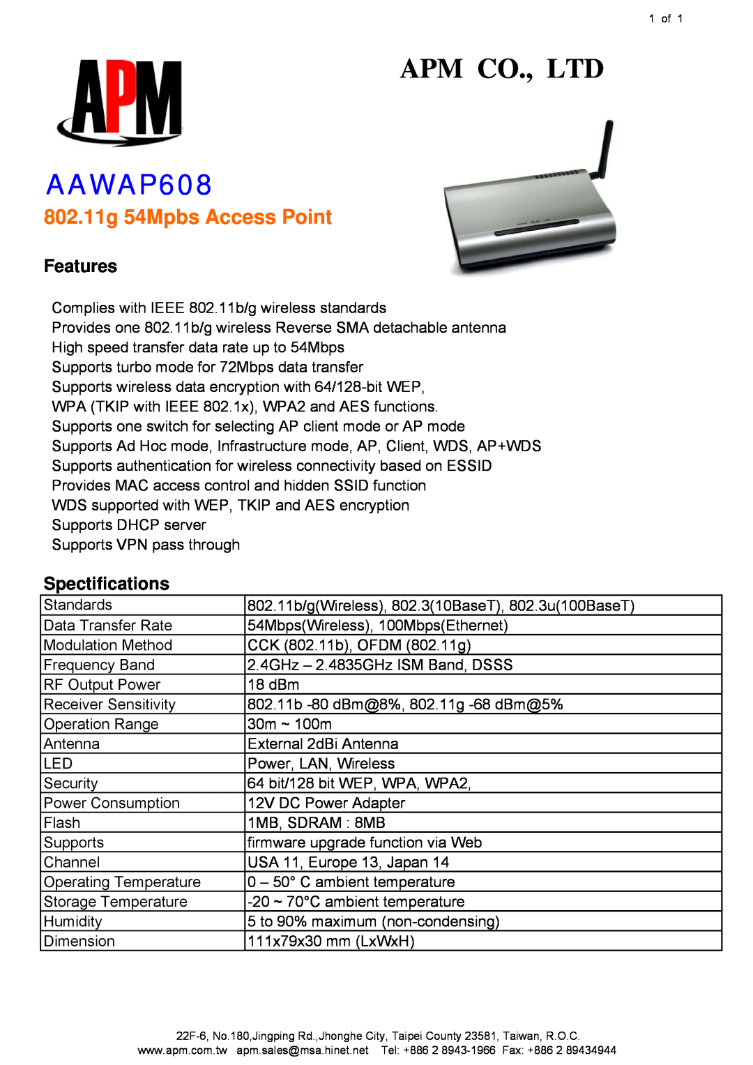 APM AAWAP608 manual 802.11g 54Mpbs Access Point, Features, Spectifications 