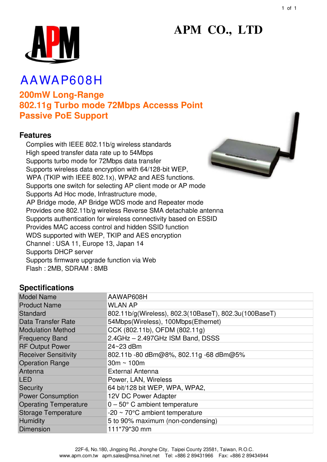 APM AAWAP608H manual Features, Spectifications 