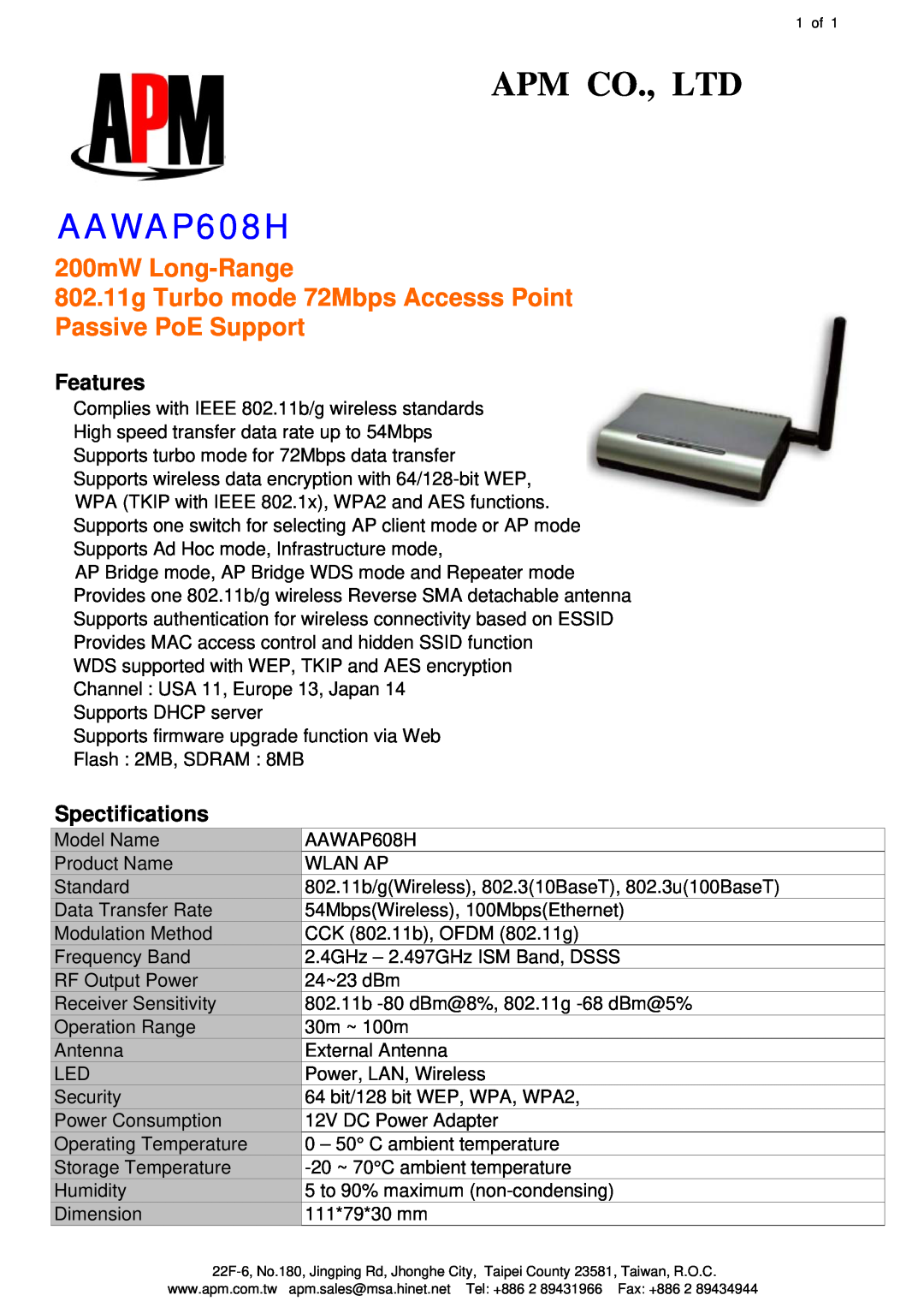 APM AAWAP608H manual 200mW Long-Range, 802.11g Turbo mode 72Mbps Accesss Point Passive PoE Support, Features 