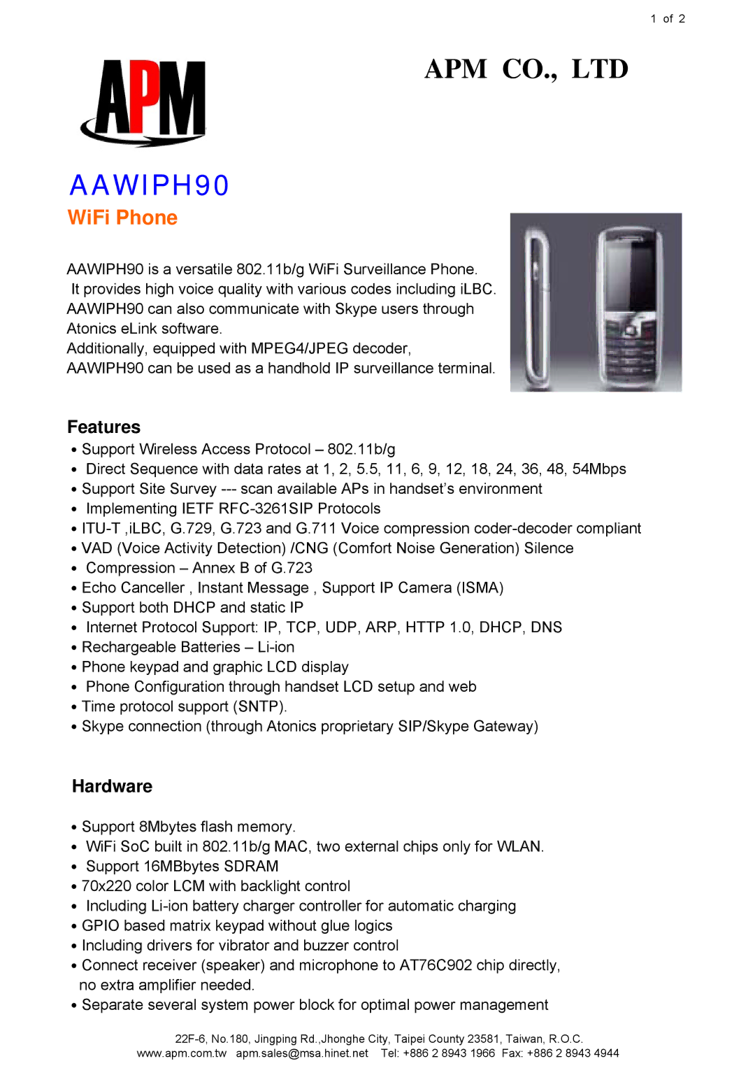 APM AAWIPH90 manual Features, Hardware 