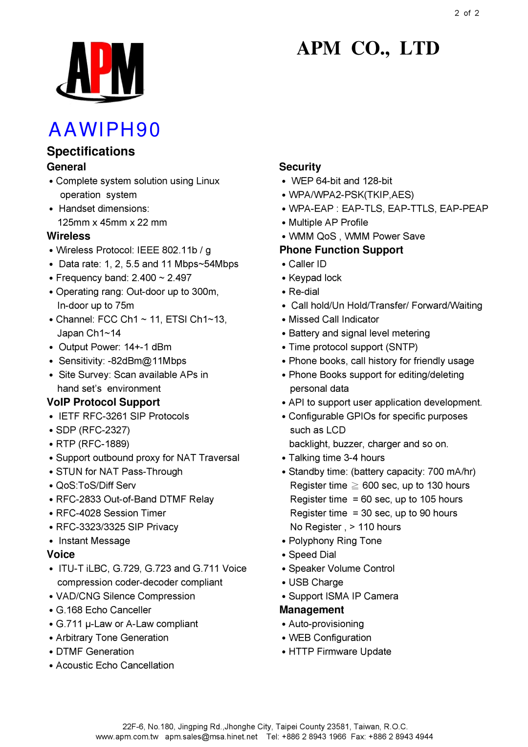 APM AAWIPH90 manual Spectifications 