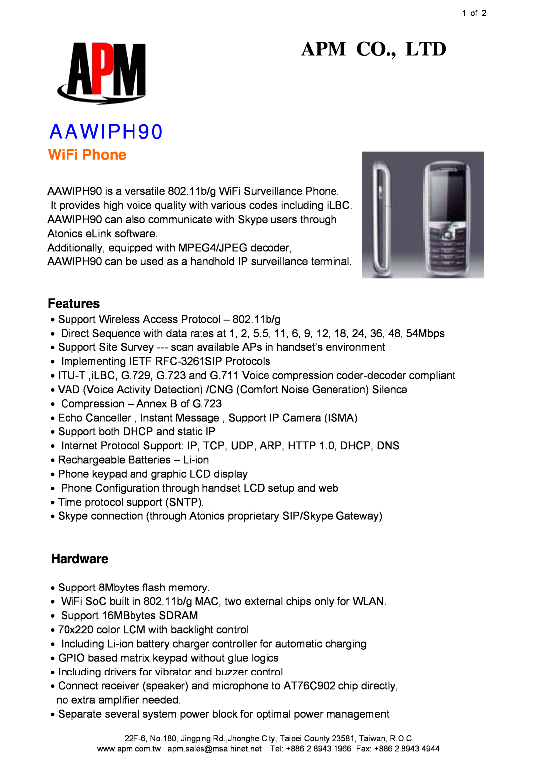 APM AAWIPH90 manual Features, Hardware, WiFi Phone 
