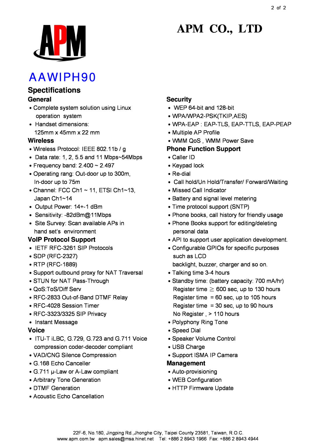 APM AAWIPH90 manual Spectifications, General, Wireless, VoIP Protocol Support, Voice, Security, Phone Function Support 