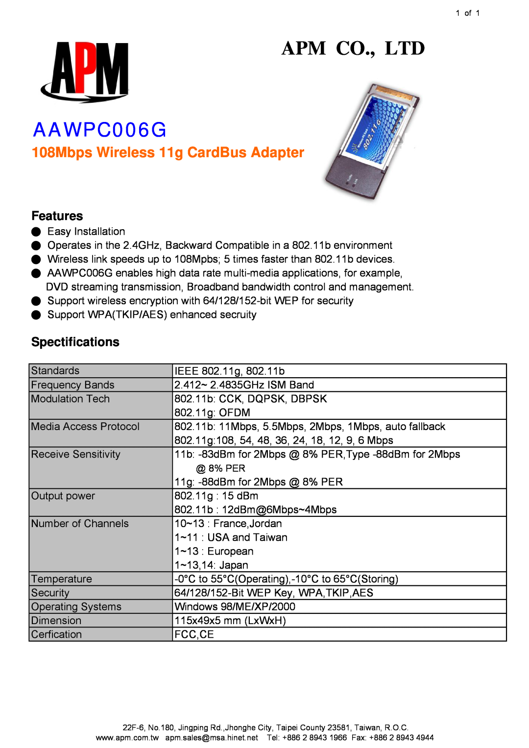 APM AAWPC006G manual 108Mbps Wireless 11g CardBus Adapter, Features, Spectifications 